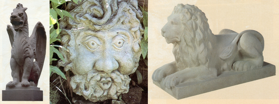 Stone gryphon, fountain mask and lion